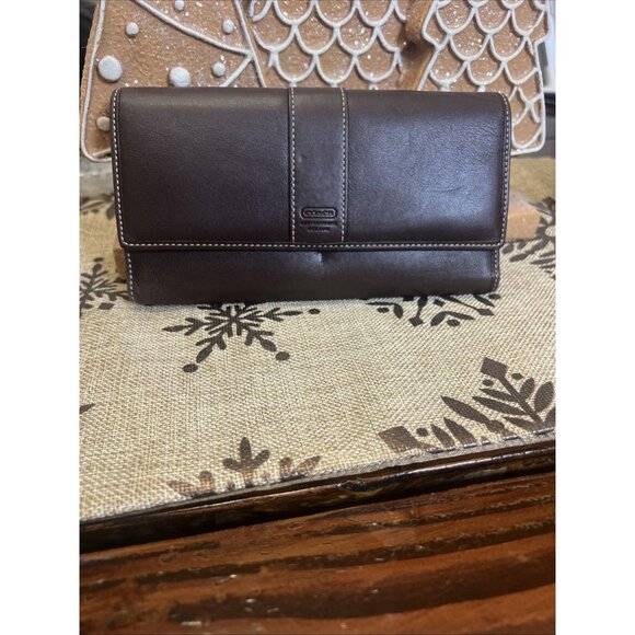 COACH Brown 8" Trifold Leather White Stitching Wallet Snap Closure - Picture 1 of 12